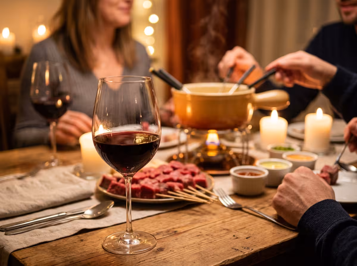 Verre de vin rouge avec accompagnements de fondue bourguignonne, accord mets-vins réussi.