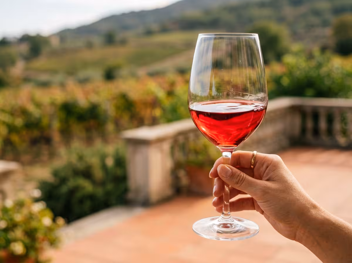 Gros plan d'un verre de vin levé à la lumière, observant la structure et la couleur du vin