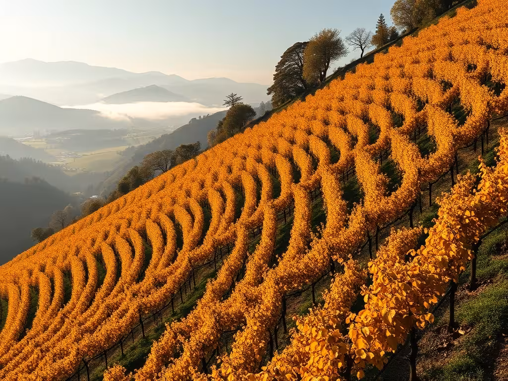 Vignes de Nebbiolo en terrasse dans les collines du Barolo, automne, brume matinale en vallée