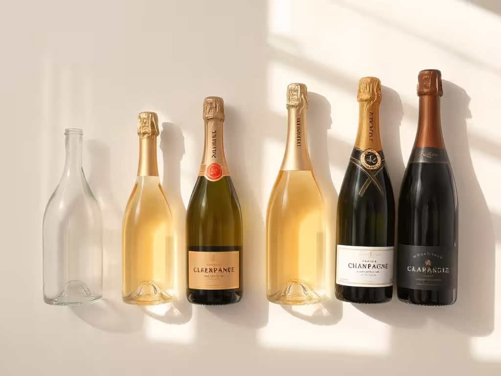 Différentes contenances de champagne du piccolo au magnum, alignées pour comparaison des formats