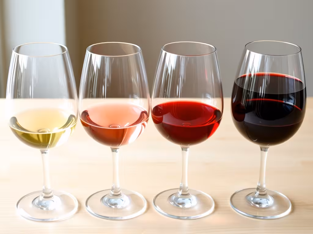 Quatre verres alignés contenant des vins de couleurs variées pour une dégustation comparative