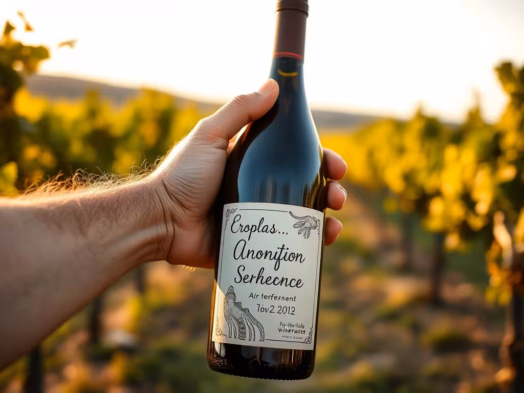 Vigneron tenant une bouteille avec étiquette artisanale dans son vignoble