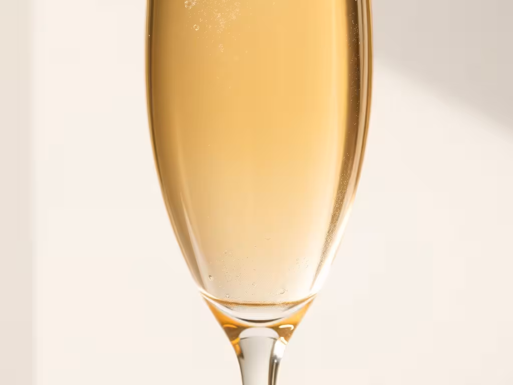 Gros plan d'une flûte de champagne brut contre la lumière, mettant en avant les bulles et l'absence de sucre résiduel.