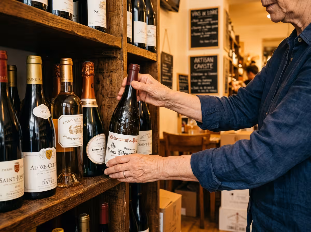 Sélection de bouteilles de Beaujolais et Côtes du Rhône en caviste, mains choisissant une bouteille sur étagère