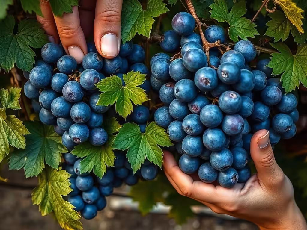 Raisins nebbiolo bleu-noir sur la vigne avec mains de vigneron, détail de cépage piémontais