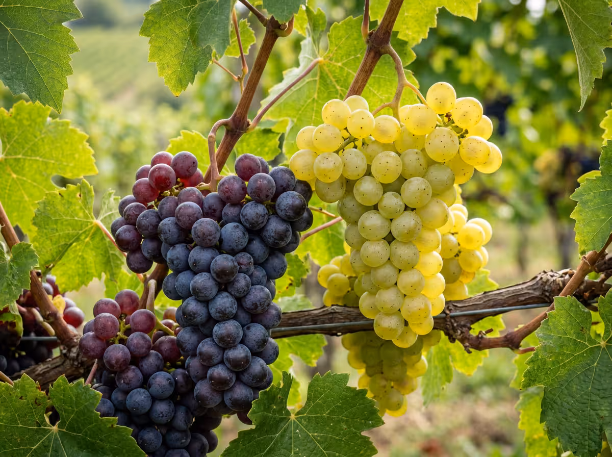 Grappes de raisins rouges et blancs côte à côte, mettant en avant la distinction visuelle entre cépages noirs et blancs