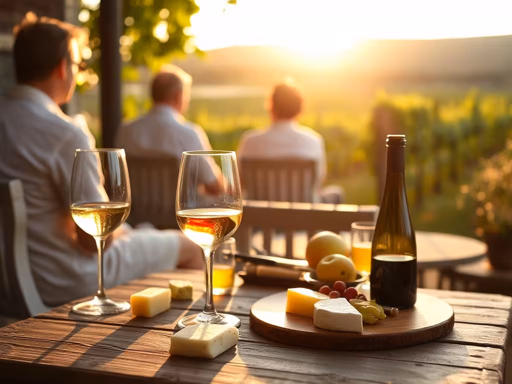Terrasse d'un domaine alsacien, dégustation conviviale de vins blancs et rouges locaux avec vue sur les vignes.