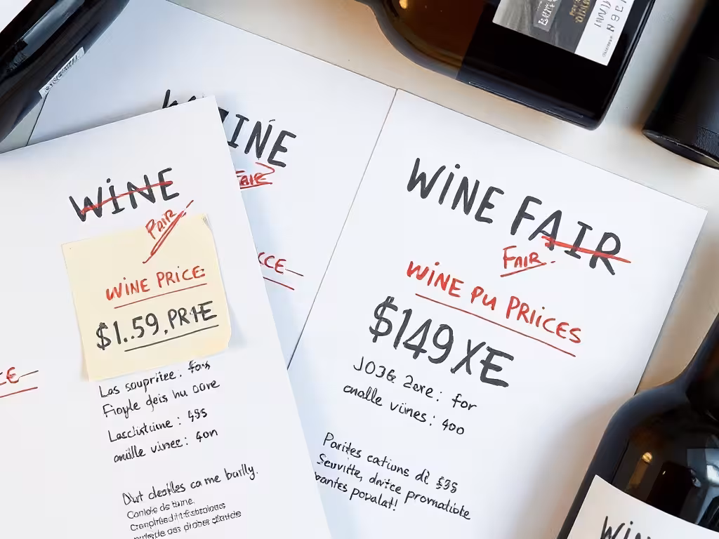 Gros plan fiche technique foire aux vins : prix barrés, notes de comparaison tarifaire.