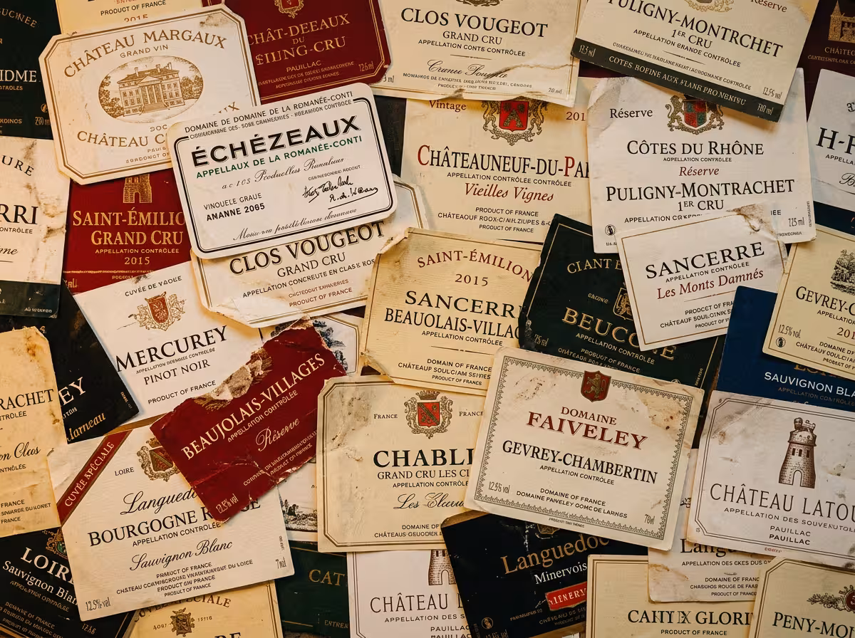 Étiquettes de vin variées et superposées montrant la richesse confuse des choix en foire.