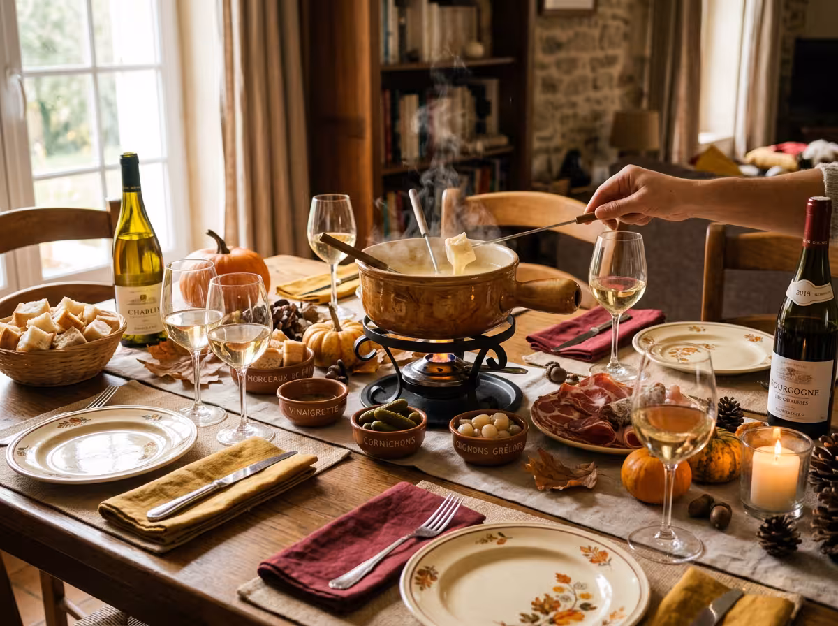 Table dressée avec sélection de vins blancs et rouges légers pour accords fondue vigneronne