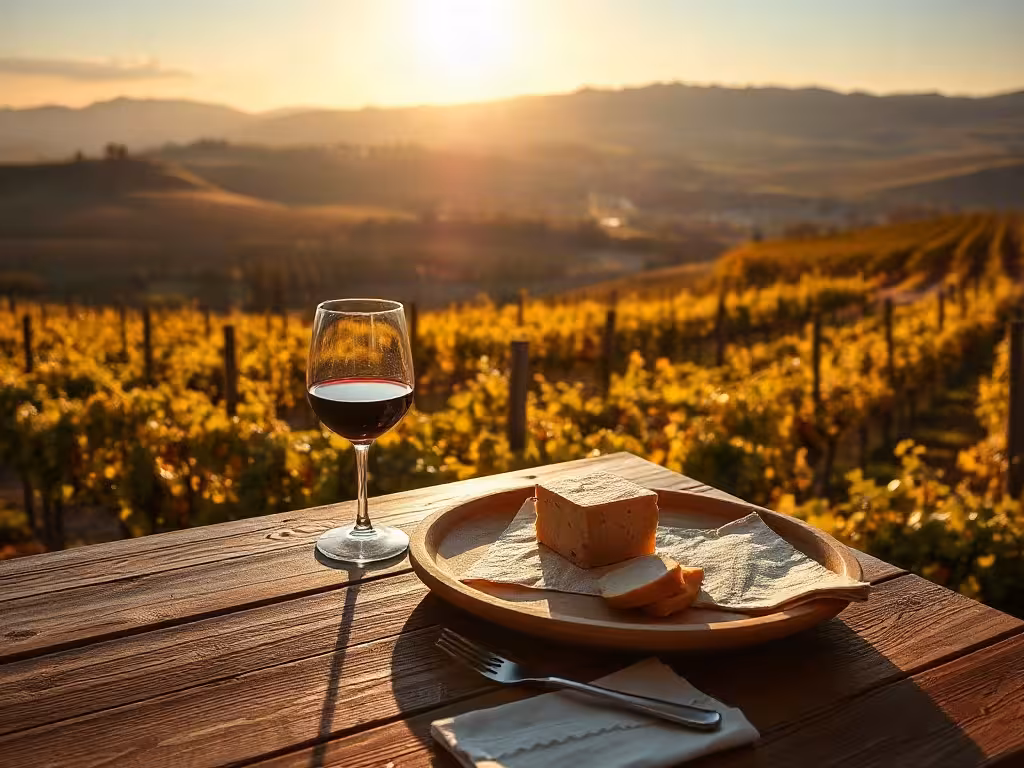 Table de dégustation en terrasse face aux vignes, expérience œnotouristique automnale.