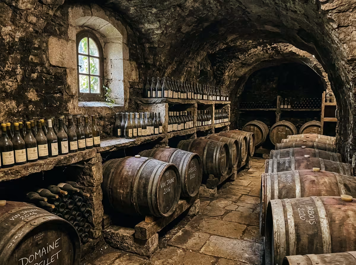 Cave traditionnelle du Jura avec tonneaux de bois et bouteilles, ambiance authentique viticole.