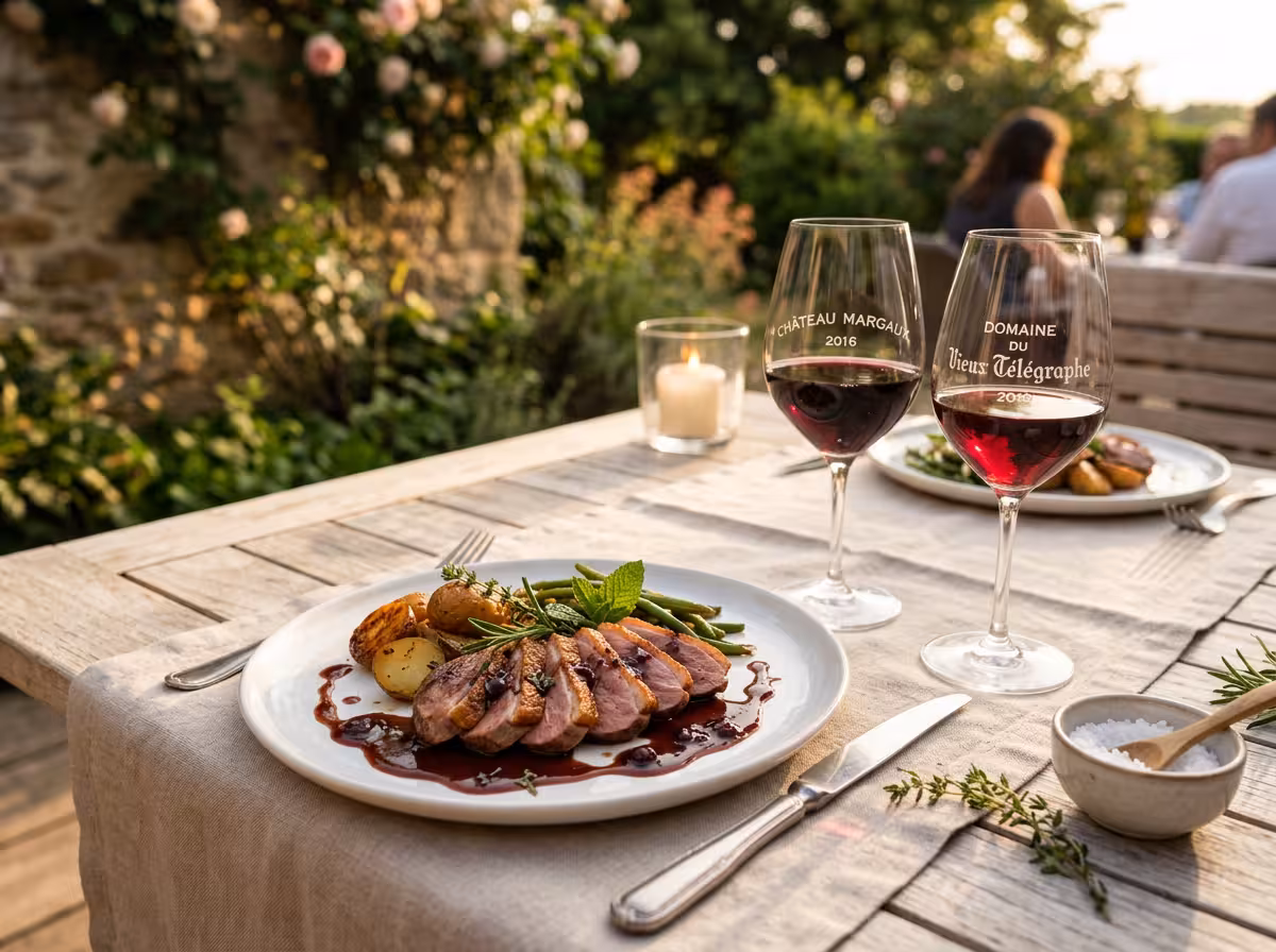 Accords mets-vins : magret de canard tranché avec sauce et deux verres de vin rouge à table