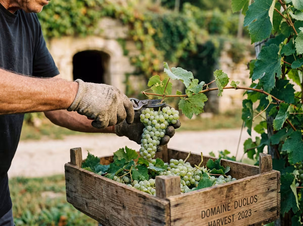Vendanges manuelles de raisins de champagne, panier en bois, grains perlés de rosée, cave historique arrière-plan.