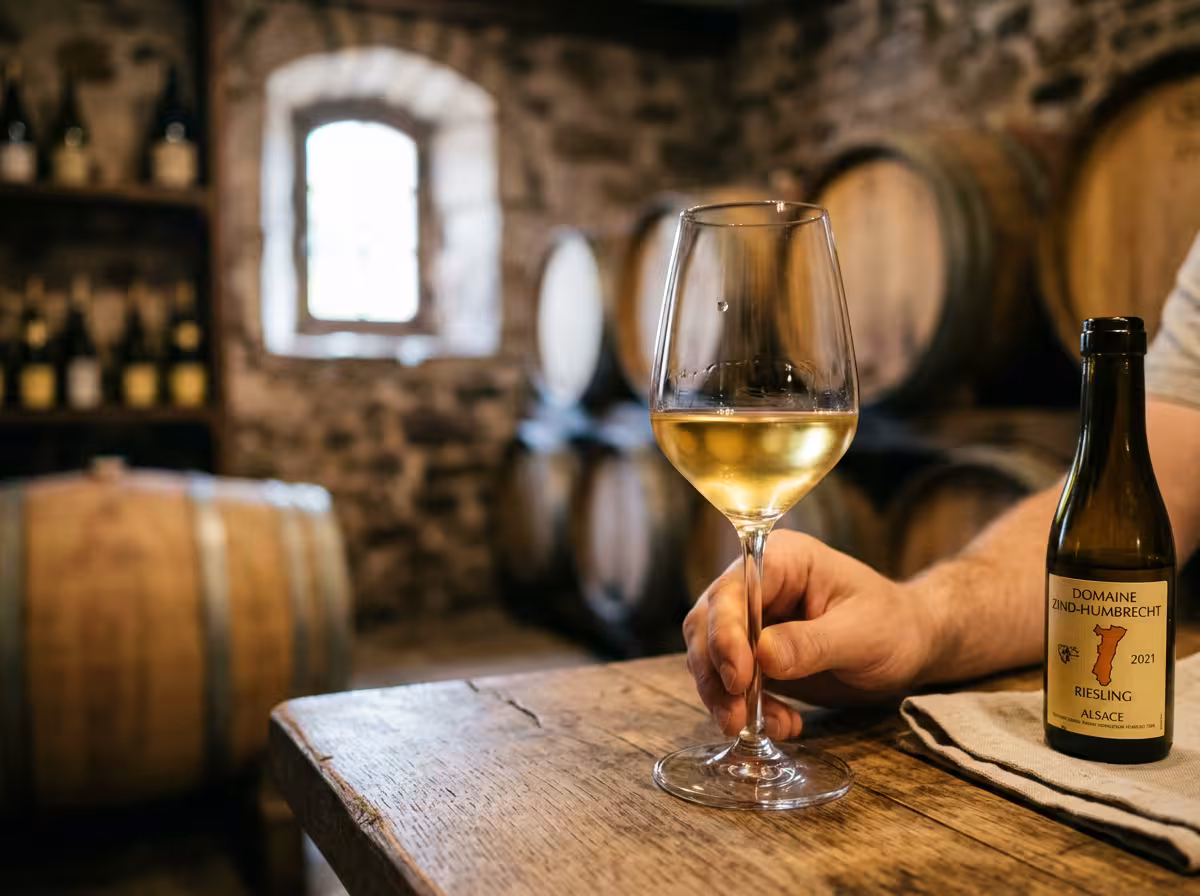 Verre de vin blanc alsacien en cave de dégustation, lumière naturelle douce, ambiance de domaine authentique