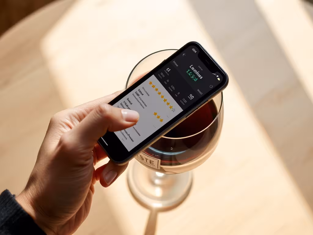 Écran de smartphone affichant une appli d'évaluation vinicole avec un verre de dégustation sur la table.