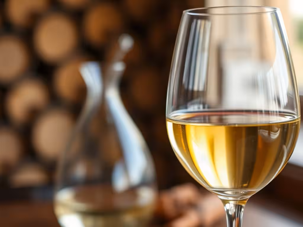 Verre de vin blanc de Bourgogne, lumière naturelle, reflets cristal, ambiance cave élégante.
