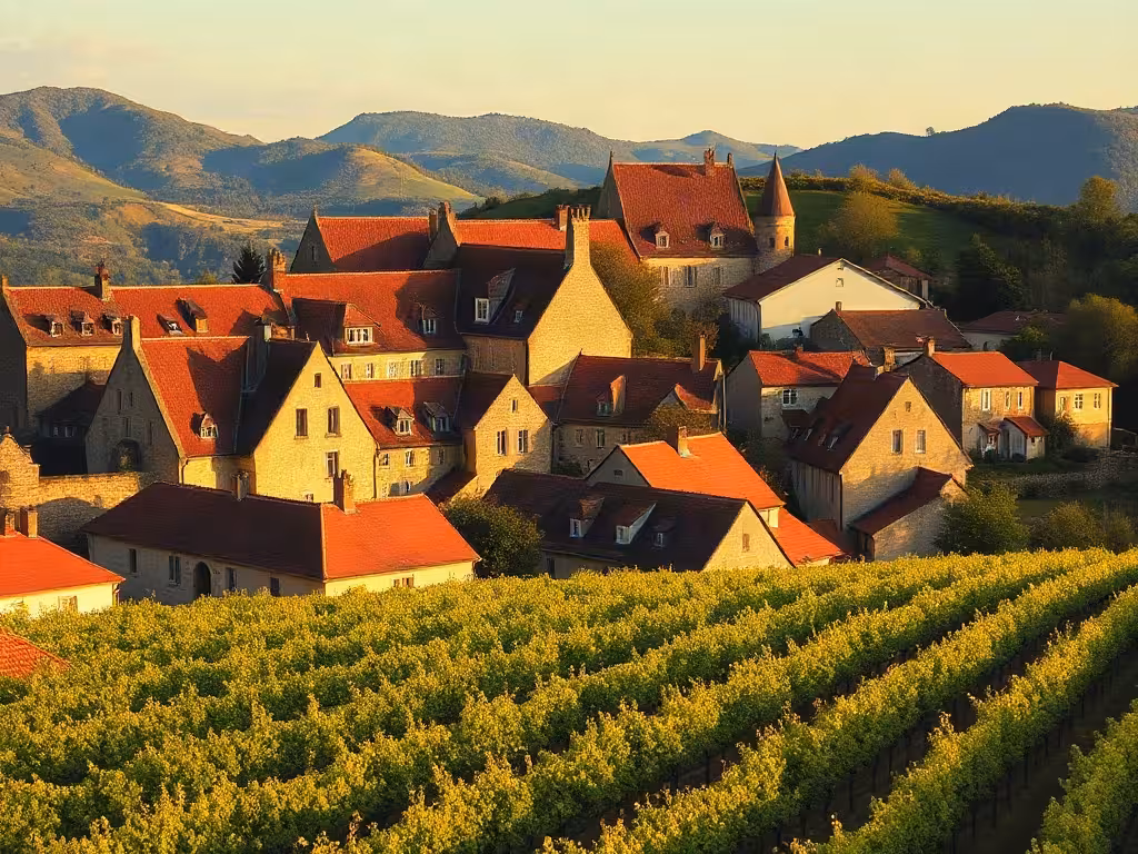 Village viticole bourguignon entouré de vignobles de pinot noir, architecture de pierre traditionnelle