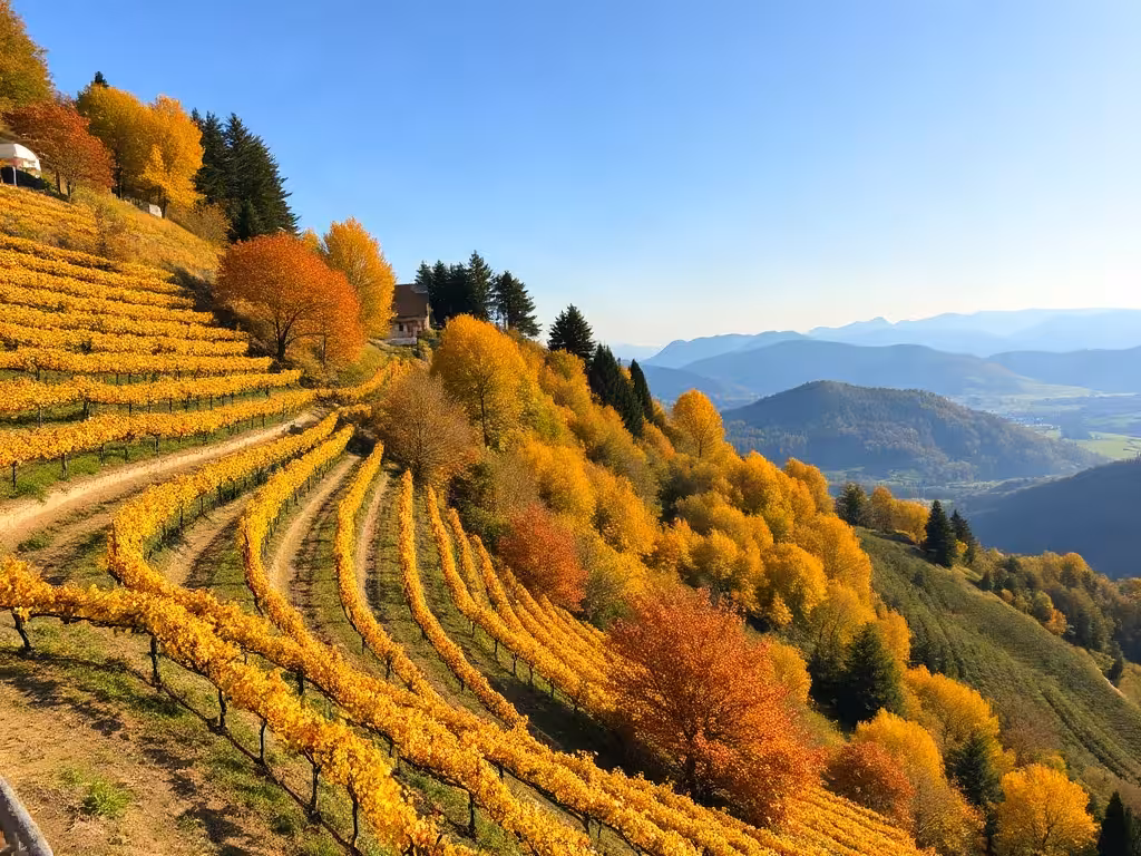 Vignobles en terrasse d'Alsace, pinot noir cultivé sur pentes montagneuses abruptes
