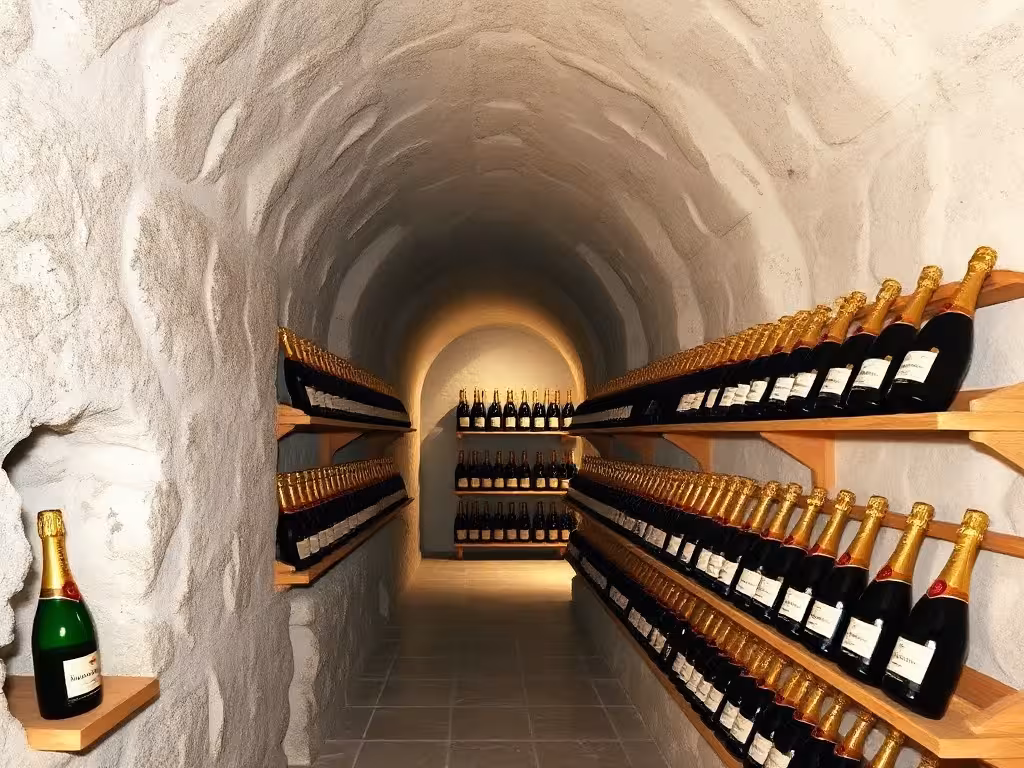 Bouteilles de champagne en vieillissement sur les racks des galeries en craie