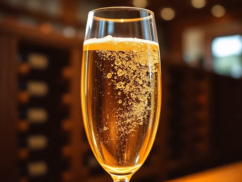 Coupe de champagne versée lors d'une dégustation à la fin d'une visite de cave