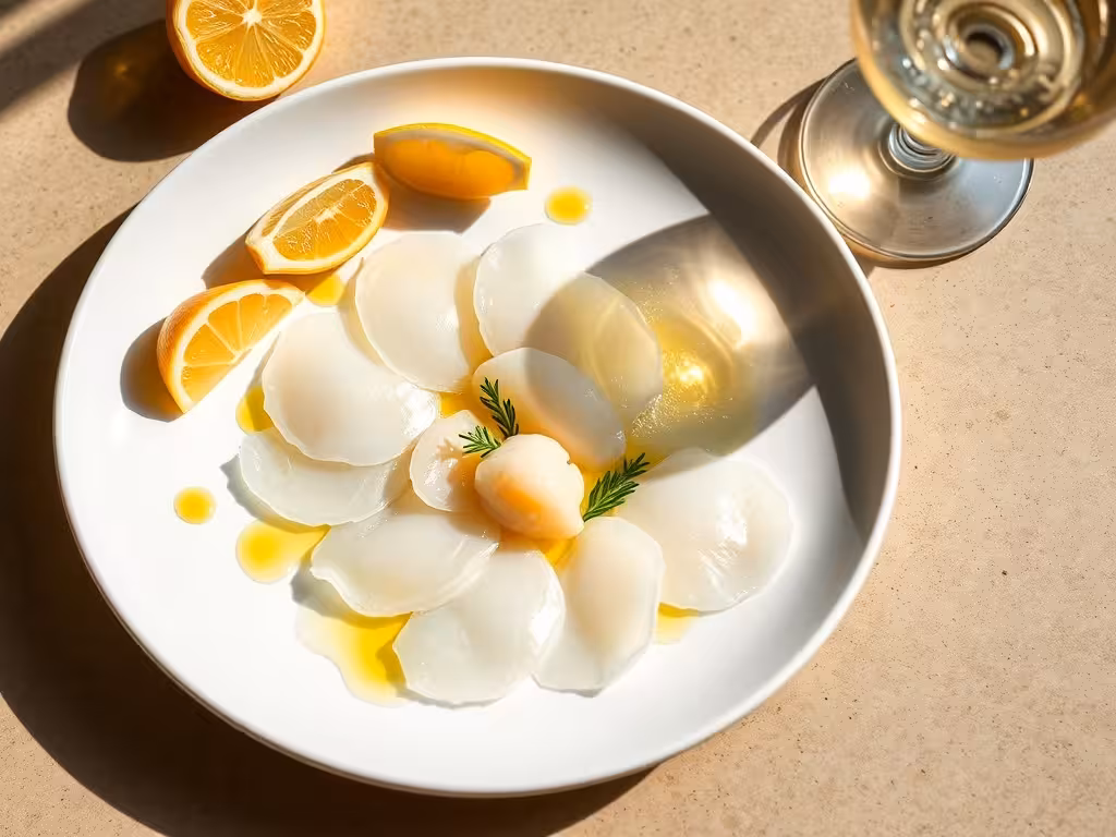 Carpaccio de Saint-Jacques frais avec citron et verre de Muscadet blanc.