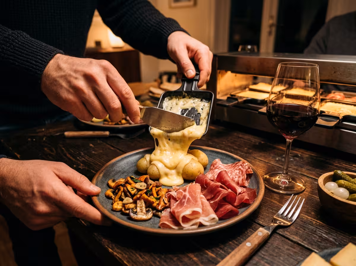 Raclette garnie de champignons et charcuterie, accompagnée d'un verre de vin rouge