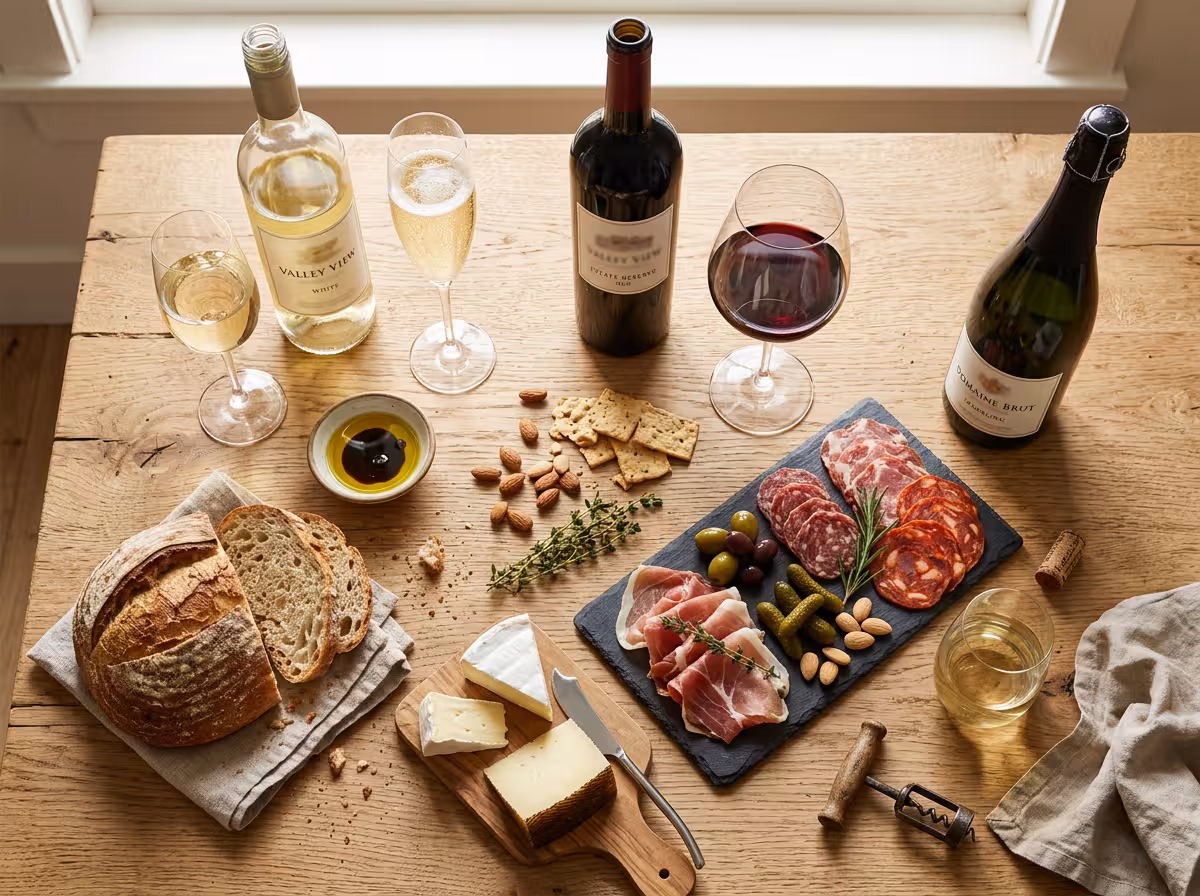 Composition de trois bouteilles de vin blanc, rouge et pétillant avec verres, pain et fromage