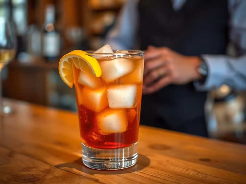 Ratafia servi avec glaçons et zeste de citron, service élégant