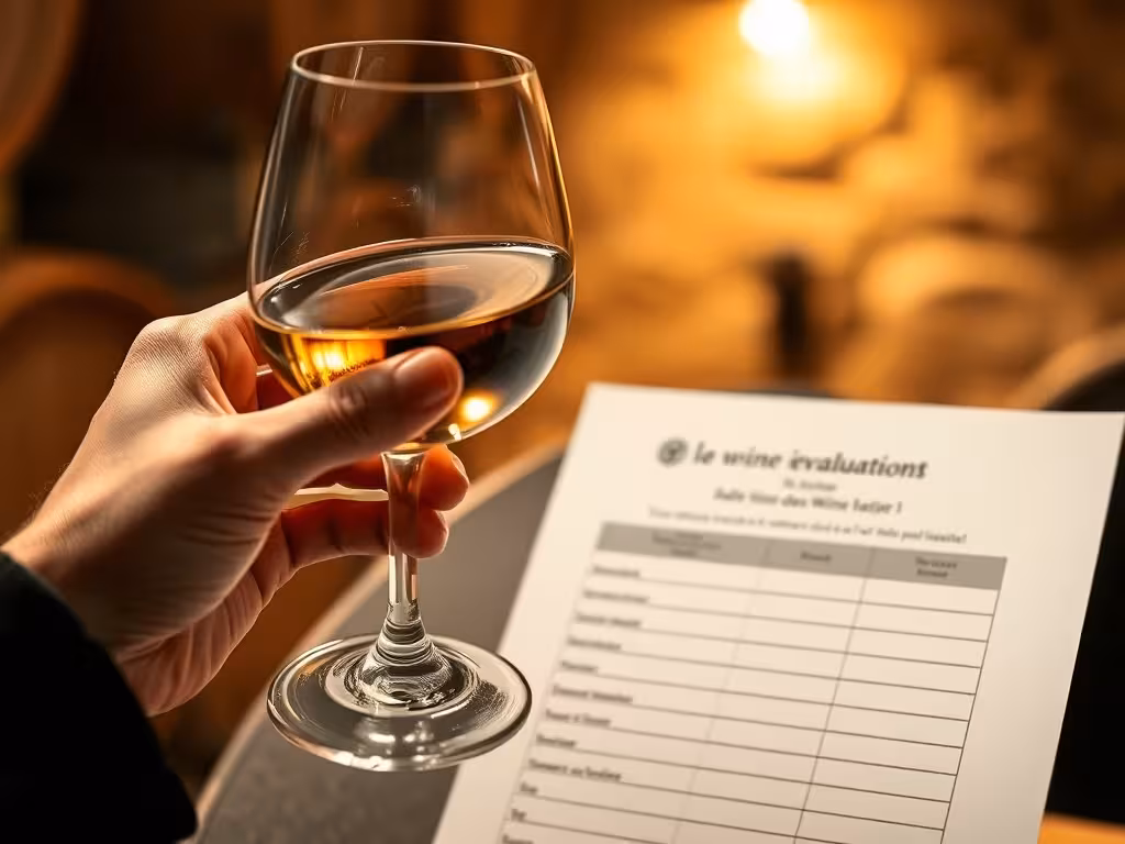 Moment de dégustation avec feuille d'évaluation en français et verre de vin analysé à la lumière naturelle