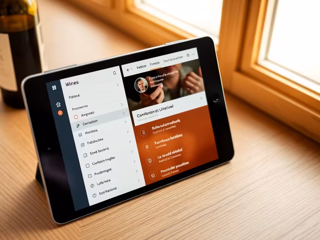 Interface digitale de consultation d'une base de données de vins avec critères de recherche et évaluations affichées
