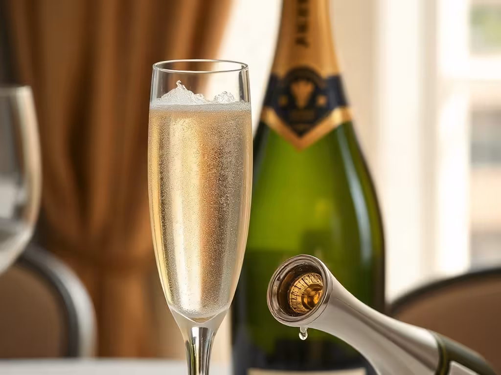 Flûtes de champagne pétillant et goulot sabré net, service après sabrage du champagne