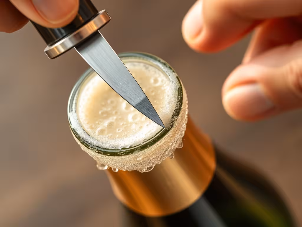 Gros plan technique du sabre en position contre le goulot du champagne