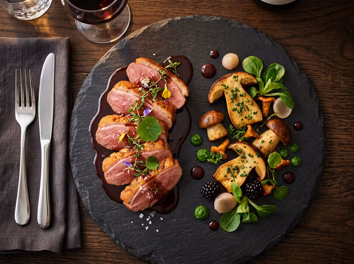 Détail d'une assiette gastronomique : cèpes sauvages aux côtés du magret de canard avec sauce.