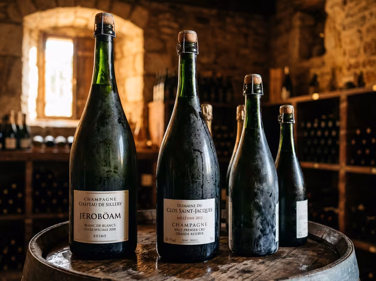 Gros plan sur les grandes bouteilles de champagne (magnum et formats géants) illuminées par une lumière chaude.