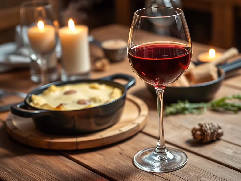 Verre de vin rouge léger aux côtés d'une tartiflette servie.