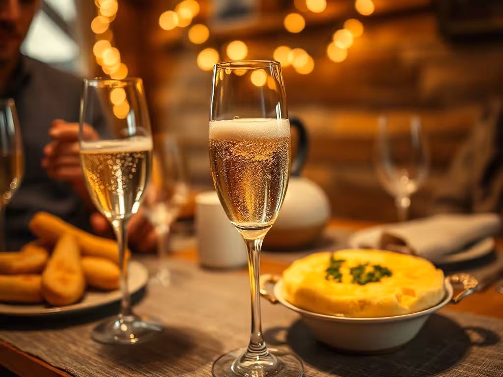 Flûte de mousseux pétillant servie avec une tartiflette dans une ambiance festive.