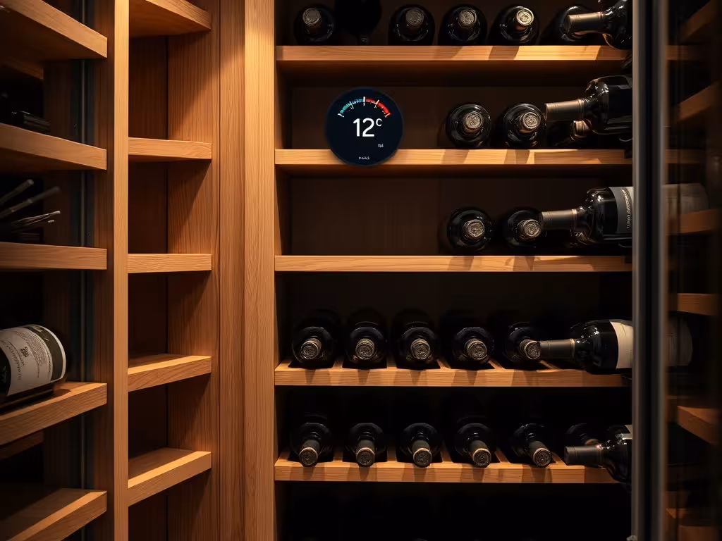 Armoire de conservation du vin avec thermomètre indiquant une température stable et constante.