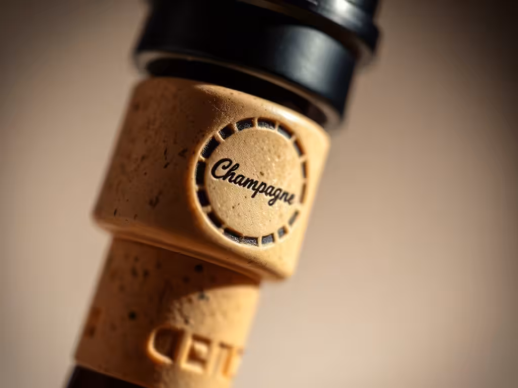Détail en gros plan d'une bouteille de champagne premium : bouchon naturel, capsule dorée et verre épais