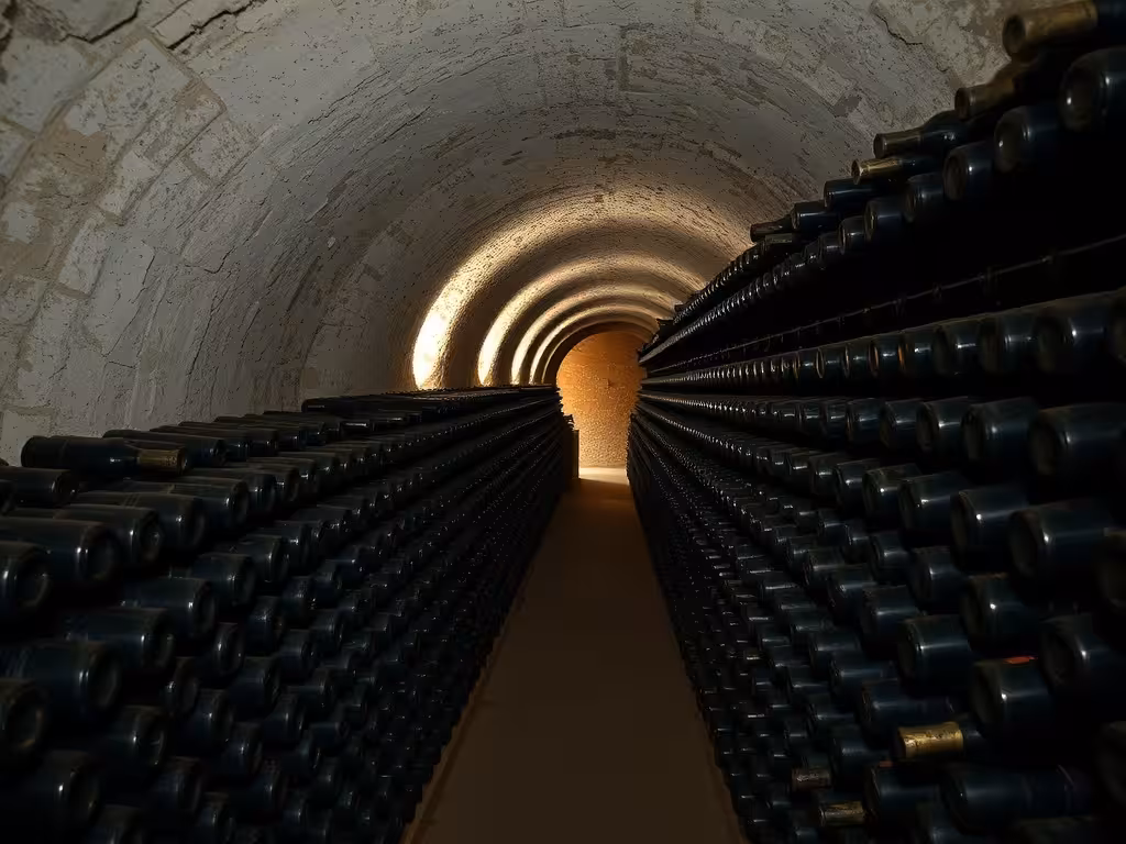 Rangée de bouteilles de pinot noir dans une cave historique, illustrant la hiérarchie des crus et l'importance du terroir bourguignon
