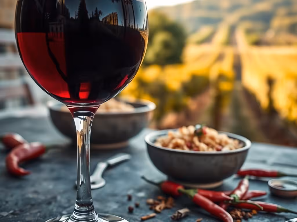 Verre de vin rouge du Languedoc avec couscous et épices, vignes en arrière-plan