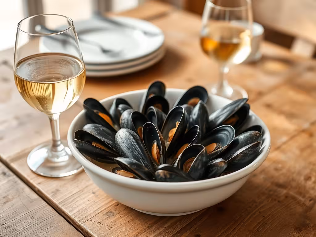 Moules à la crème avec verre de picpoul blanc sec, table côtière authentique