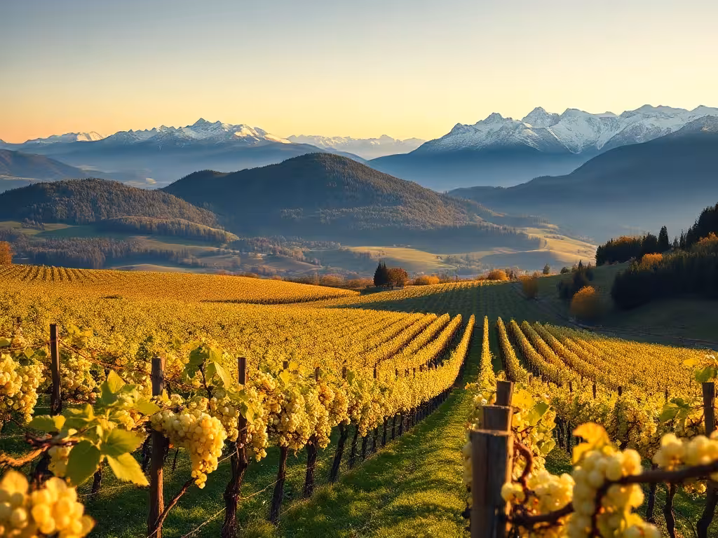 Vignoble de Savoie avec paysage alpin d'automne, rangées de vigne en montagne.