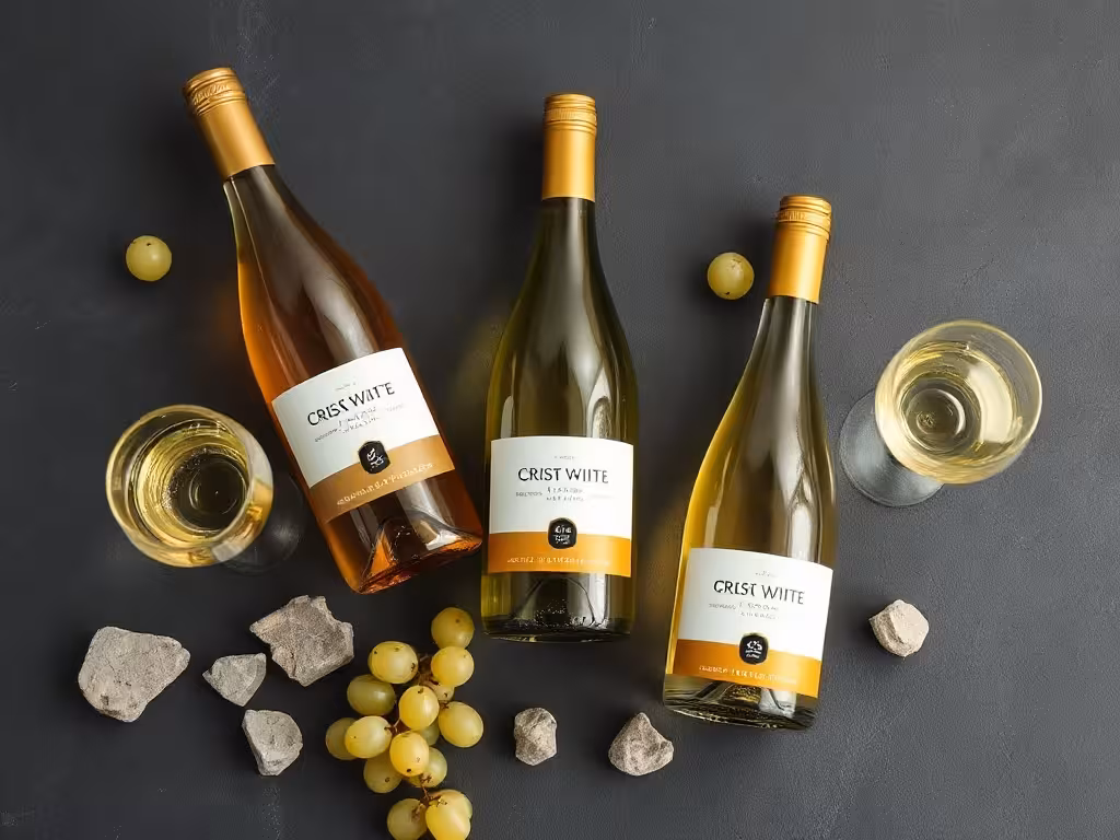 Trois bouteilles de vin blanc alpin, verres, raisins et éléments minéraux pour sélection accords.