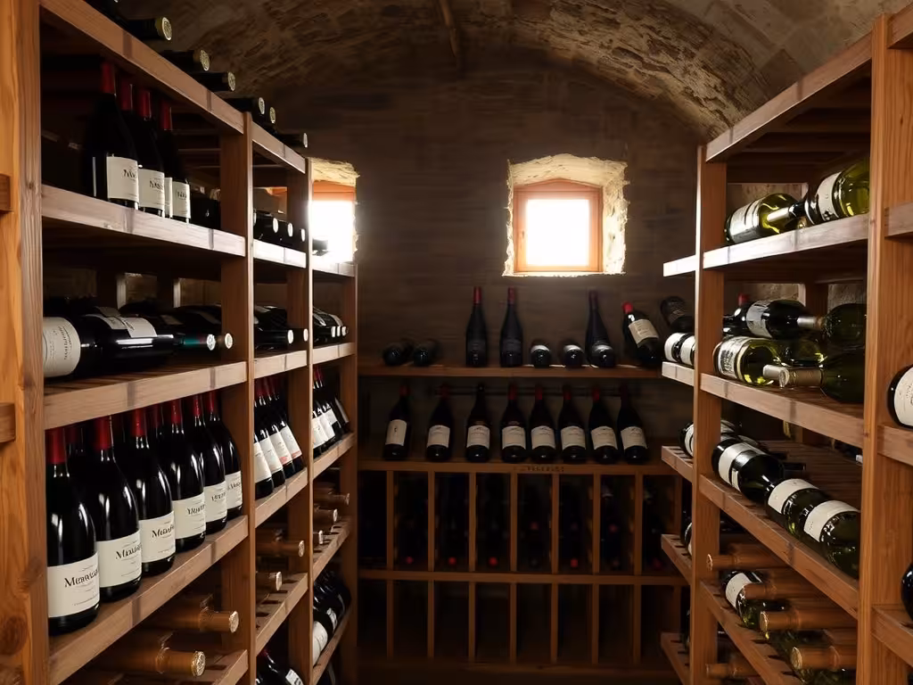 Cave bourguignonne avec bouteilles de Meursault exposées sur casiers en bois, lumière naturelle tamisée.