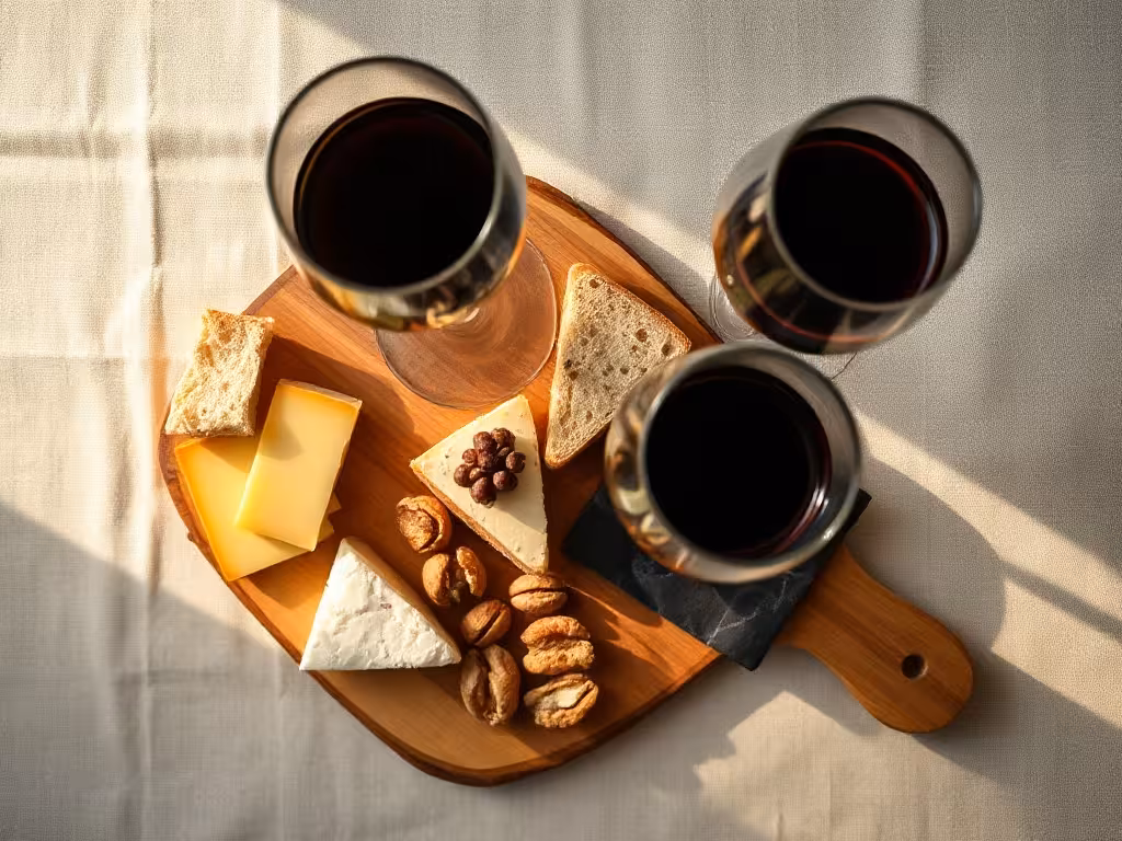 Table de dégustation avec verres de vin rouge de Bourgogne, fromage et fruits, illustrant les meilleurs accords mets-vins