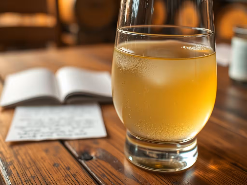 Verre de vin blanc naturel trouble aux levures sauvages, sur table en bois rustique.