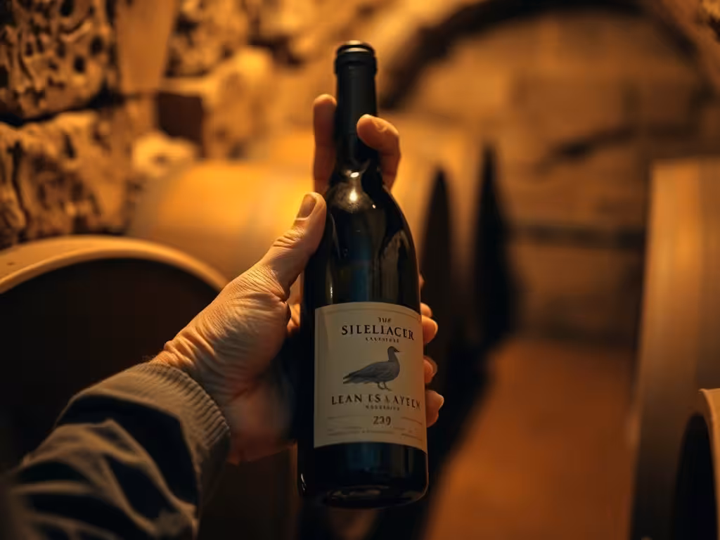 Mains de vigneron manipulant une bouteille en cave pour vérification des levures.