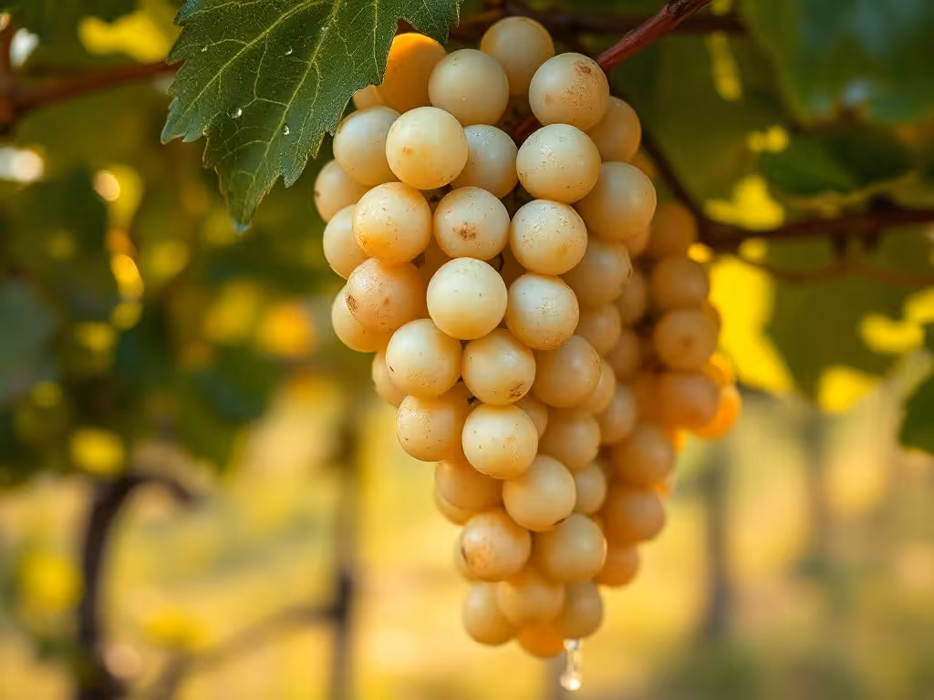 Grappes mûres de raisin blanc melon sur pied, vendanges du vignoble Loire