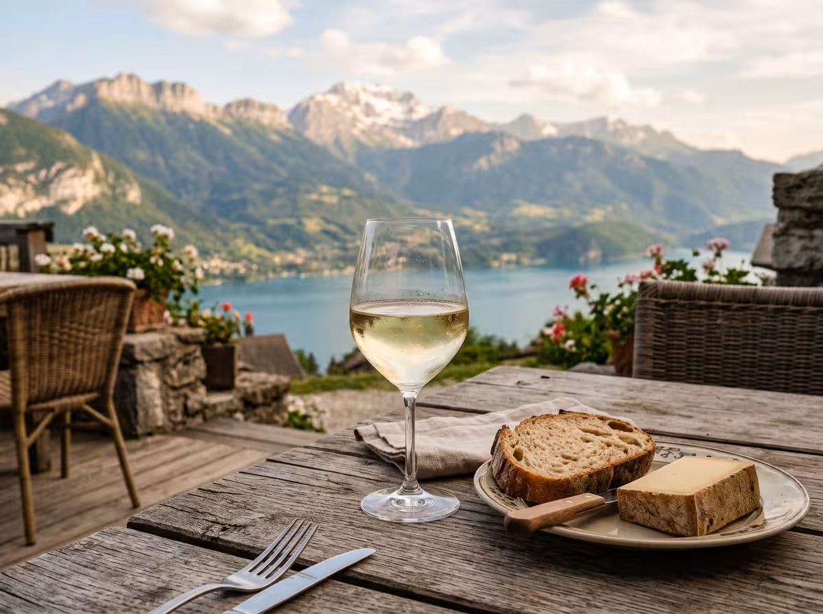 Verre de vin blanc savoyard avec paysage alpin, fromage et pain, dégustation montagne